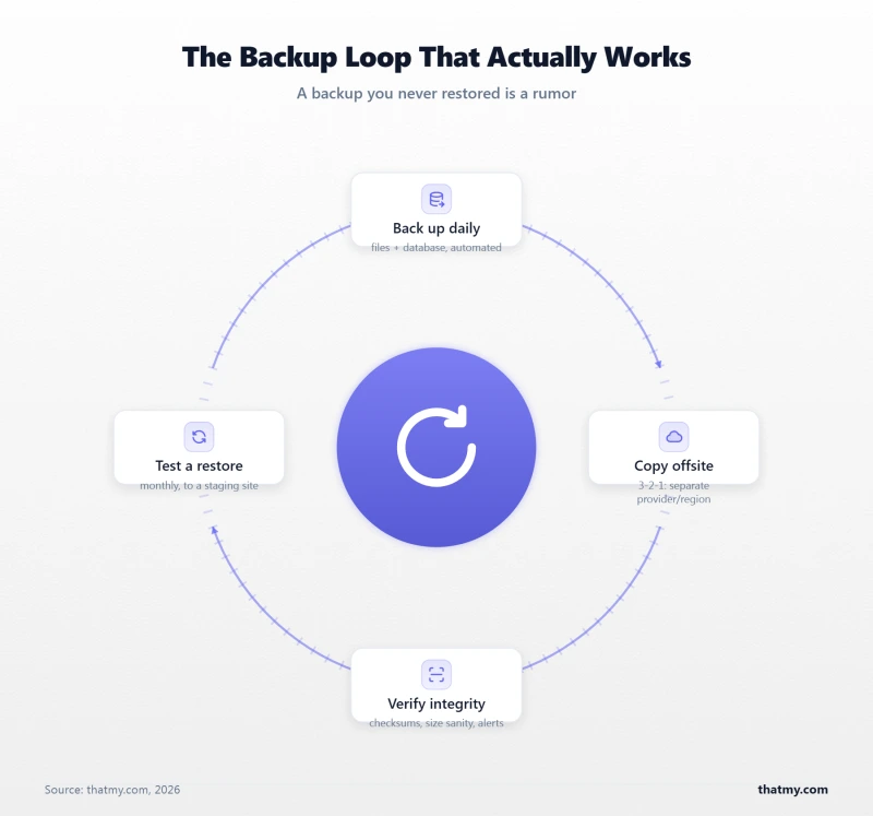 Backup and restore cycle: daily backup, offsite copy following 3-2-1, verify integrity, test restore, repeat