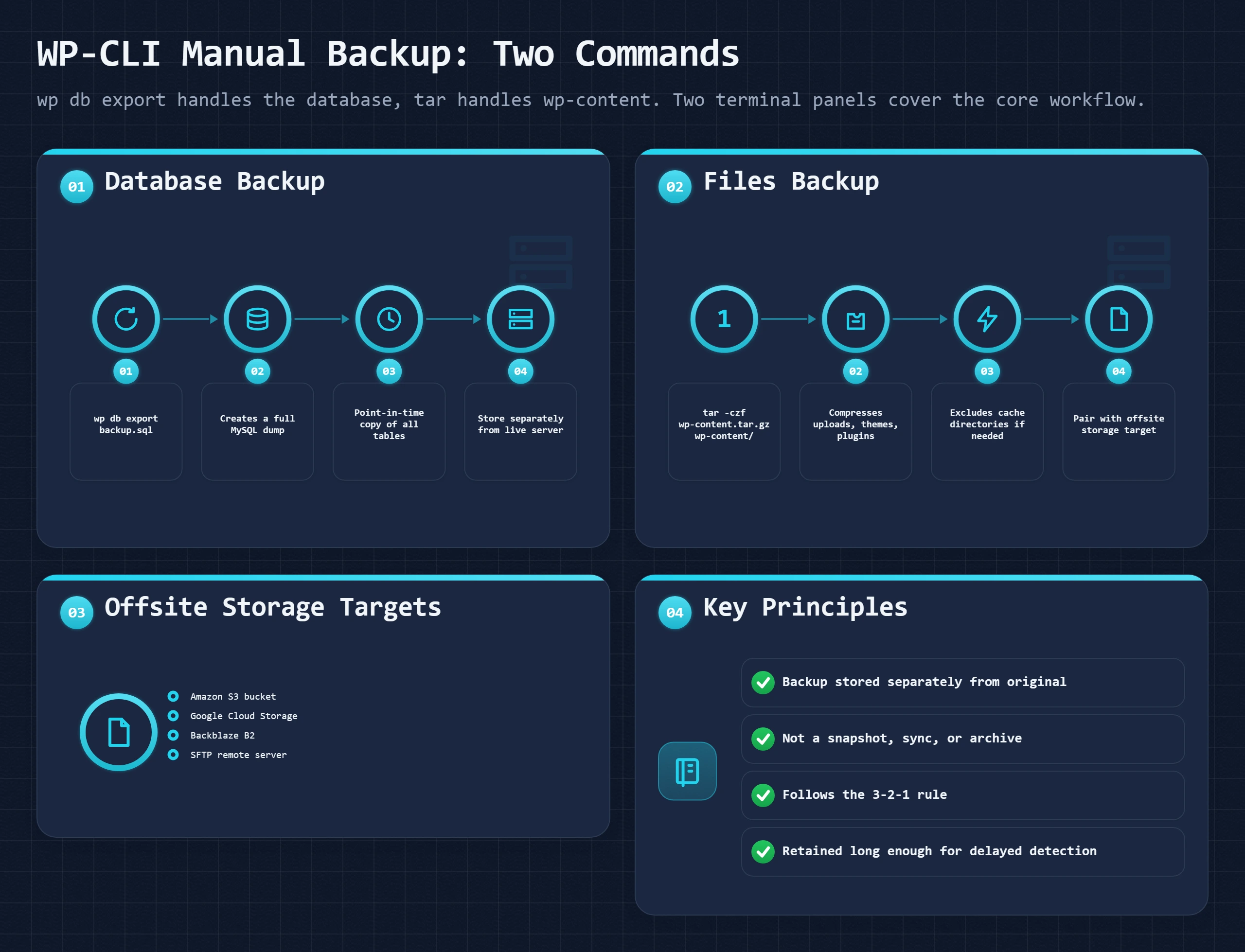 Bento dashboard showing WP-CLI backup commands: wp db export for database and tar for wp-content in terminal panels