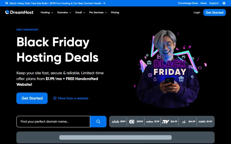 DreamHost Black Friday deal: Hosting from $1.99/mo + a free site build, up to 92% off domains