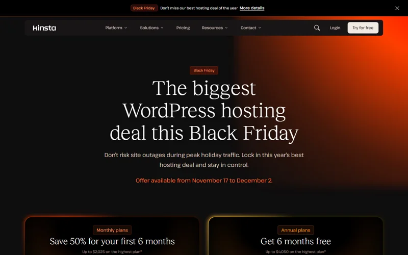 Kinsta Black Friday deal: 50% off 6 months monthly, or 6 months free yearly