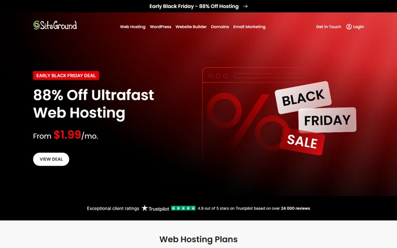 SiteGround Black Friday deal: 88% off, StartUp from $1.99/mo (12 months)