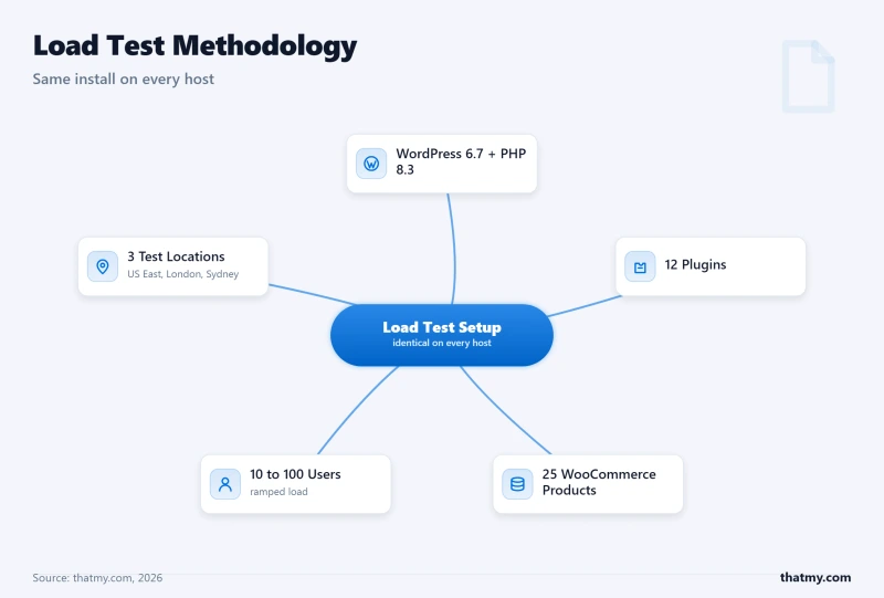 Load test methodology: WordPress 6.7, PHP 8.3, 12 plugins, 25 WooCommerce products, ramped 10 to 100 concurrent users