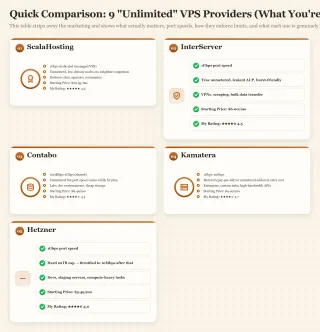 Bento dashboard comparing 9 unlimited VPS providers with key stats
