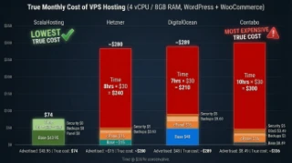True monthly VPS cost at 4 vCPU/8GB: ScalaHosting premium, DigitalOcean enterprise, Hetzner enterprise, Contabo enterprise all-in
