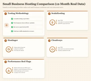 Bento dashboard showing performance metrics and test results for top small business web hosts like ScalaHosting, Hostinger, and Cloudways.