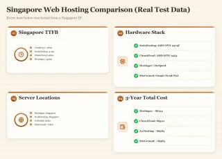 Dashboard showing TTFB, hardware specs, data center locations, and 3-year pricing for web hosts in Singapore.