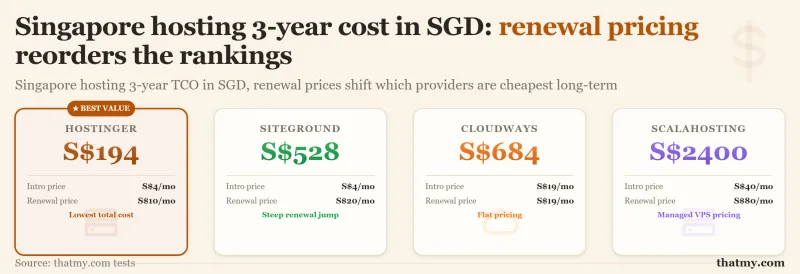 Singapore hosting 3-year cost in SGD: renewal pricing reorders the rankings versus the intro prices