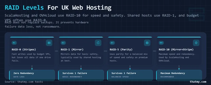 RAID levels for UK hosting: RAID-0, 1, 5, and 10, with ScalaHosting and OVHcloud on RAID-10 for speed and safety