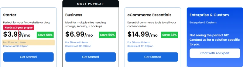 Bluehost Starter, Business and eCommerce Essentials, each for a 36-month term with its renewal