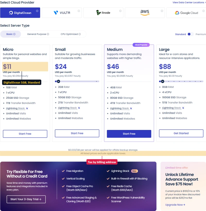 Cloudways pricing: DigitalOcean servers on the Standard tier, Micro 1GB to Large 8GB, billed per hour