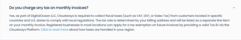 Cloudways pricing FAQ: tax is collected in specific countries and US states, set by the billing address