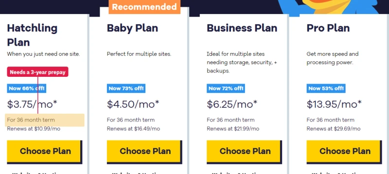 HostGator Hatchling, Baby, Business and Pro plans, each for a 36-month term with its renewal