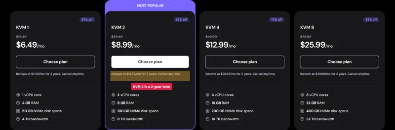 Hostinger KVM 1 to KVM 8 VPS plans, each renewing after a 2-year term
