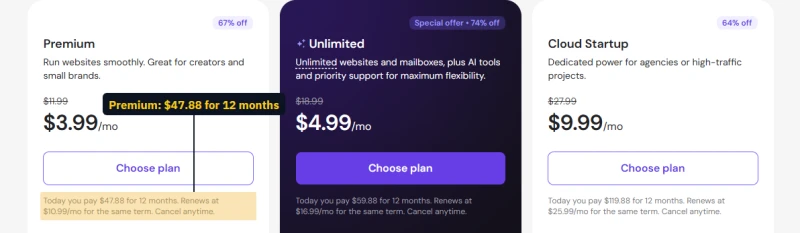 Hostinger Premium, Unlimited and Cloud Startup on the 12-month term, with the total paid today and the renewal