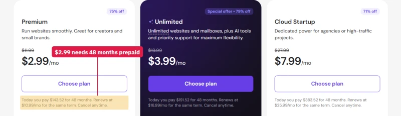 Hostinger Premium on the 48-month term, the cheapest monthly rate, paid four years up front