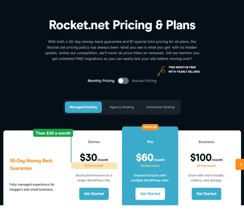Rocket.net pricing: 30-day money back, no price rise at renewal, and Starter, Pro and Business on monthly pricing