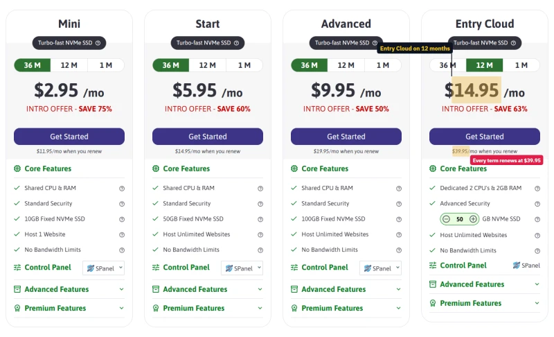 ScalaHosting plan cards: Mini, Start and Advanced shared plans beside Entry Cloud on its 12-month tab