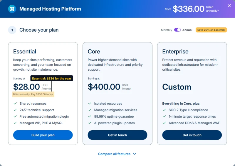 WP Engine plans panel: Essential, Core and Enterprise on annual billing