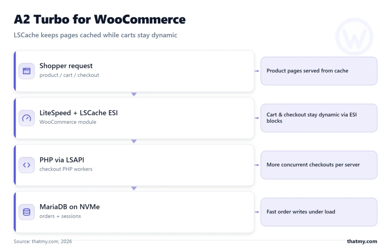A2 Turbo WooCommerce stack: LiteSpeed with LSCache ESI keeping cart dynamic, PHP LSAPI, MariaDB on NVMe storage