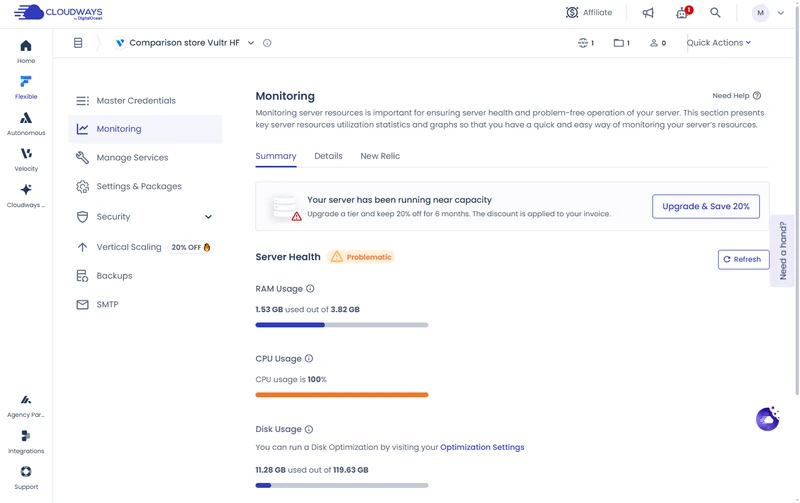 Cloudways Monitoring for the Vultr HF 4GB test server after the store test: Server Health Problematic, CPU usage 100%, banner saying the server has been running near capacity