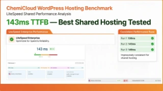 ChemiCloud LiteSpeed Enterprise WordPress speed test showing 189ms TTFB on shared hosting