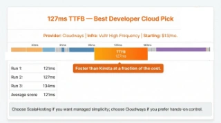Cloudways Vultr High Frequency WordPress TTFB speed test showing 127ms