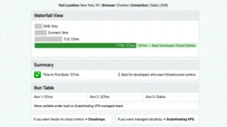 Cloudways Vultr HF WebPageTest TTFB result showing 127ms first byte time from New York test location