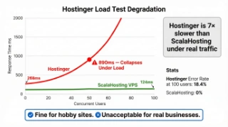 Hostinger WordPress concurrent load test showing 890ms TTFB at 50 users and CPU steal limits