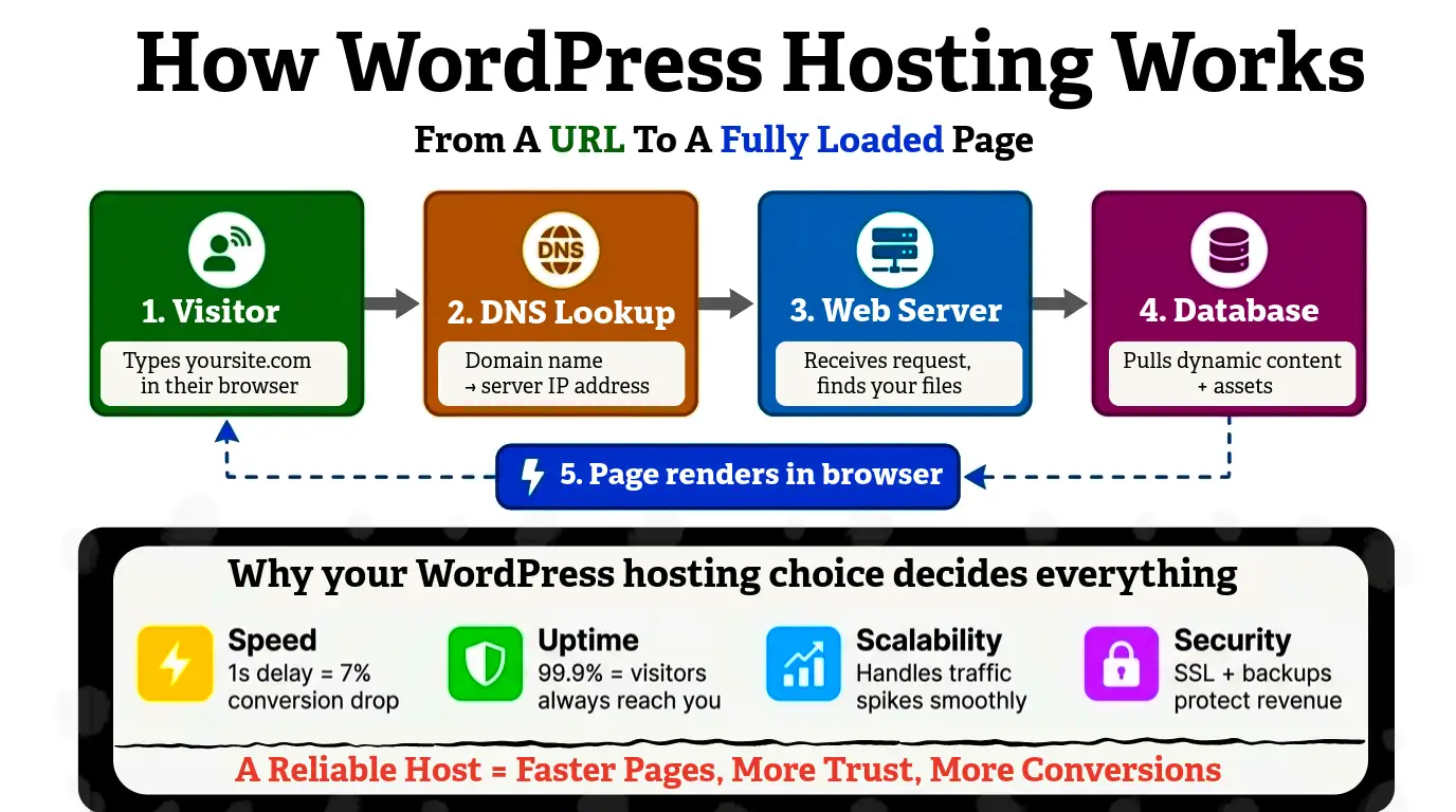 Diagram showing how WordPress hosting works in 5 steps: visitor types URL, DNS lookup converts domain to server IP, web server receives request, database pulls content, page renders in browser
