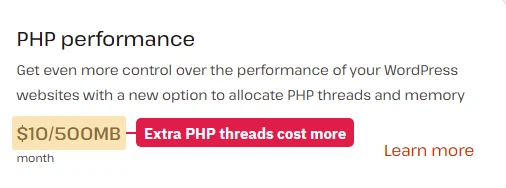 Kinsta pricing page: PHP performance add-on sells extra PHP threads and memory at $10 per 500MB a month