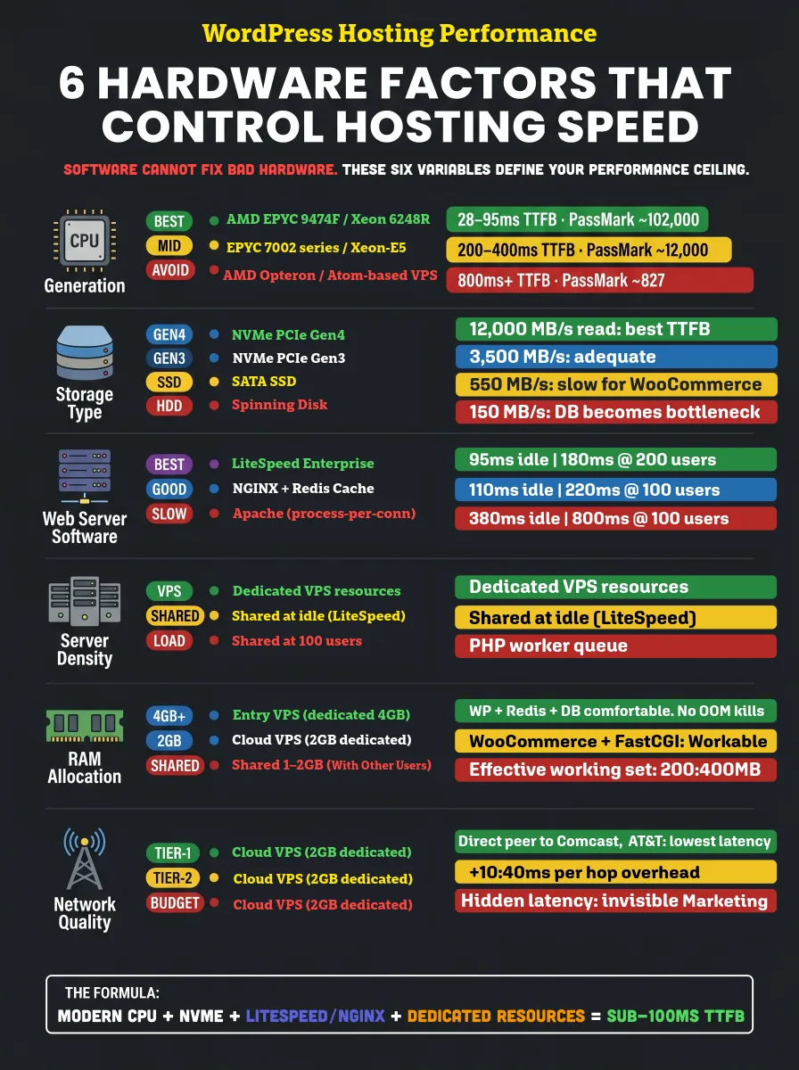 Infographic showing 6 hardware factors for best WordPress hosting performance including AMD EPYC CPU, NVMe Gen4 storage, LiteSpeed server, RAM, network bandwidth, and data center location