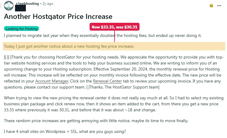 Reddit post on r/webhosting: HostGator's renewal notice, and a bill that went from $30.31 to $33.35