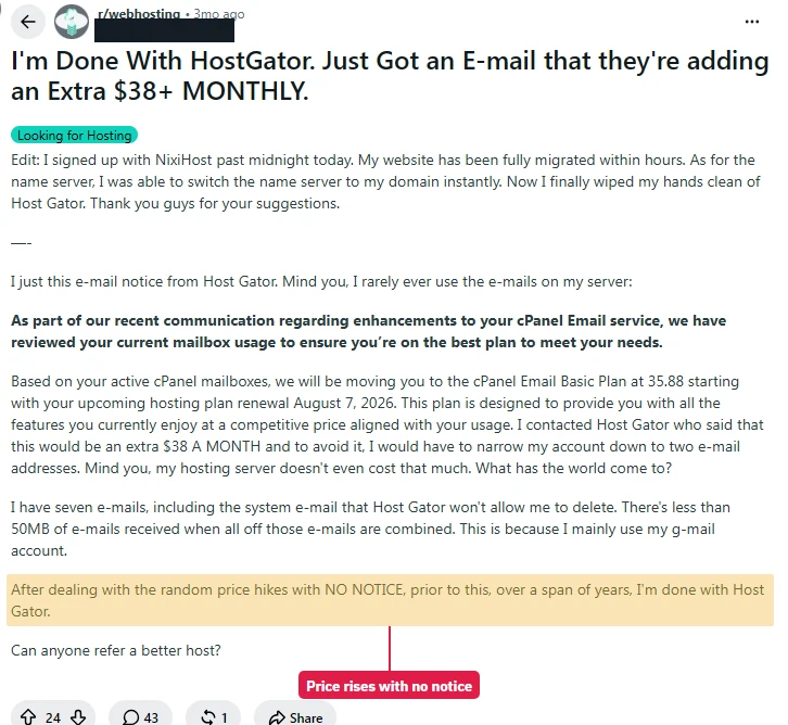 r/webhosting post: a HostGator customer gets moved to a paid email plan at renewal, an extra $38 a month