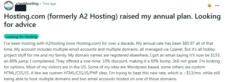 r/webhosting post: Hosting.com (formerly A2 Hosting) raises a $85.97 yearly plan to $155, an 80% jump, 69% after a discount