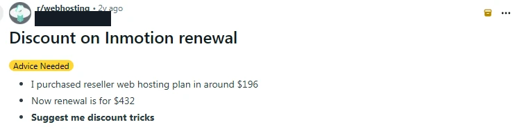 r/webhosting post: an InMotion reseller plan bought for about $196 renews at $432