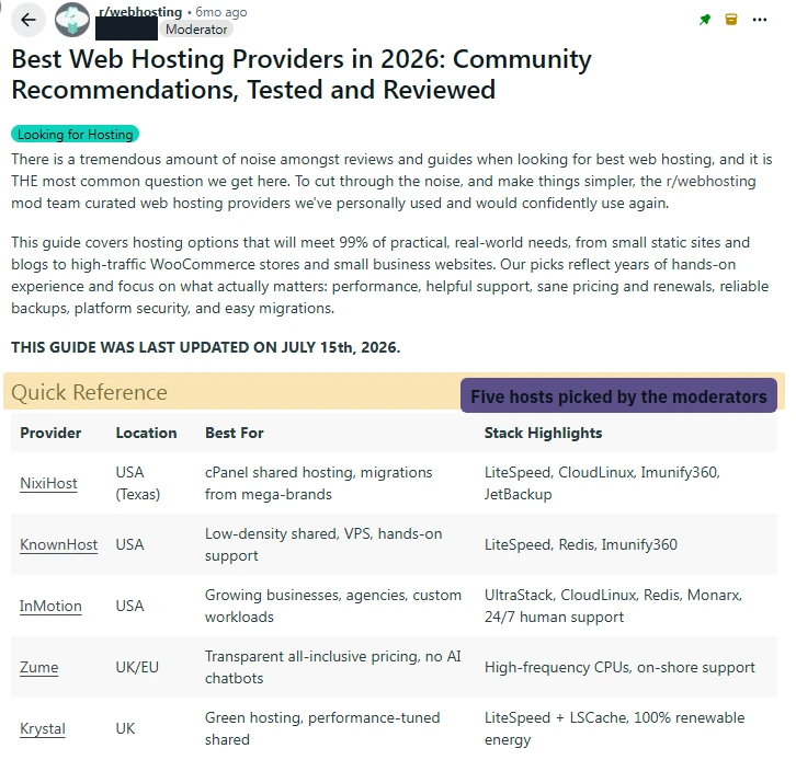r/webhosting moderators' host list: NixiHost, KnownHost, InMotion, Zume and Krystal, with what each is best for