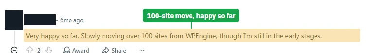 Reddit comment on r/Wordpress: an agency moving over 100 sites from WP Engine to Cloudways, very happy so far