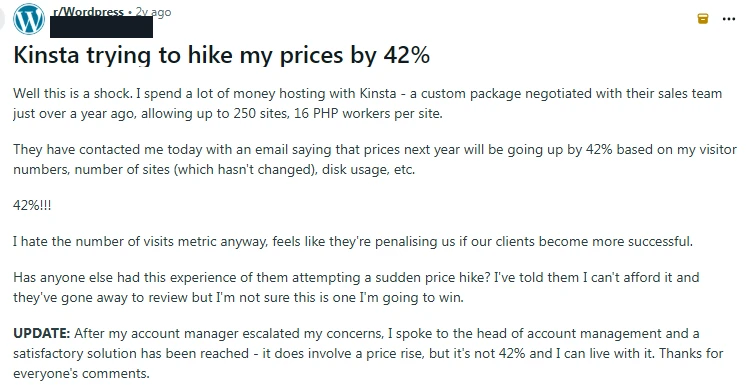 r/Wordpress post: Kinsta planned a 42% price rise for a 250-site customer; the update says the final rise was below 42%
