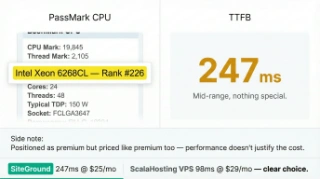 SiteGround WordPress hosting Intel Xeon 6268CL PassMark ranking and 247ms TTFB test
