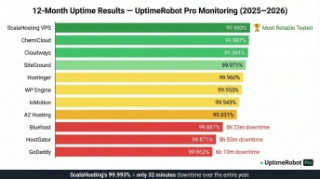 12-month uptime monitoring results for 12 WordPress hosting providers from UptimeRobot Pro