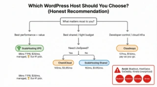WordPress hosting decision flowchart: budget and use case routes to ChemiCloud, Hostinger, Cloudways, ScalaHosting, or Kinsta
