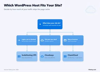 WordPress hosting decision: logged-in users or checkout go to ScalaHosting VPS, developers choosing a cloud go to Cloudways, cacheable blogs on a budget go to ChemiCloud