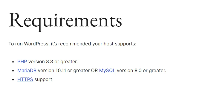 WordPress.org requirements page: PHP 8.3 or greater, MariaDB 10.11 or MySQL 8.0, and HTTPS