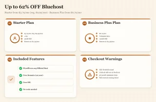 Dashboard showing Bluehost Black Friday pricing, included features, and checkout warnings