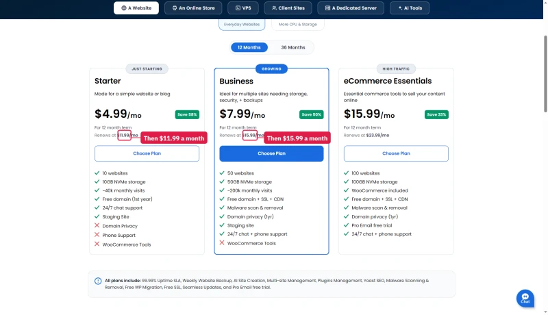 Bluehost cards on 12 months: Starter $4.99 renews at $11.99, Business $7.99 at $15.99, eCommerce Essentials $15.99 at $23.99