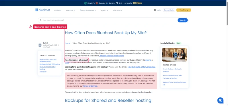 Bluehost backup article: one weekly backup that overwrites the last, and a one-time fee to restore