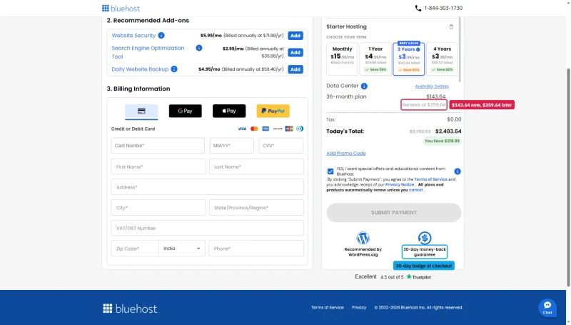 Bluehost cart for Starter on 36 months: $143.64 due for the term, renews at $359.64
