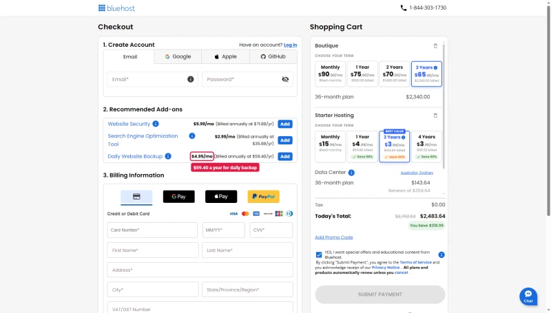 Bluehost cart add-ons: Daily Website Backup at $4.95 a month, billed annually at $59.40