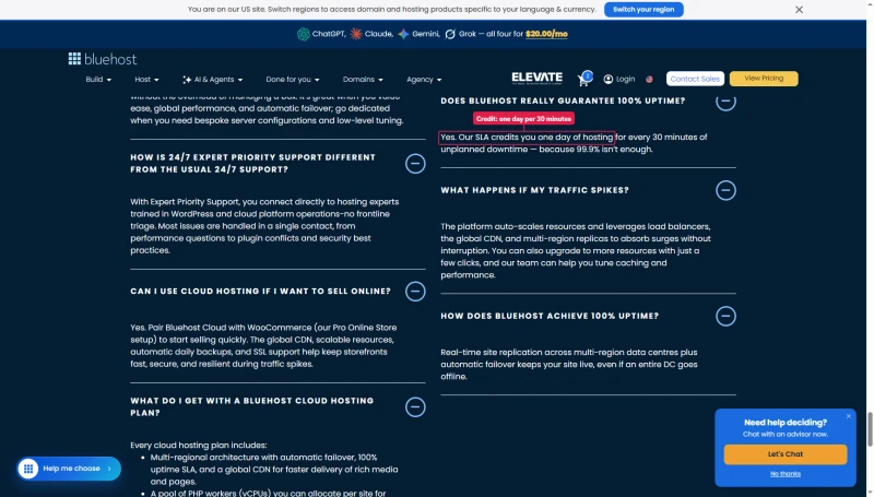 Bluehost Cloud FAQ: the SLA credits one day of hosting for every 30 minutes of unplanned downtime