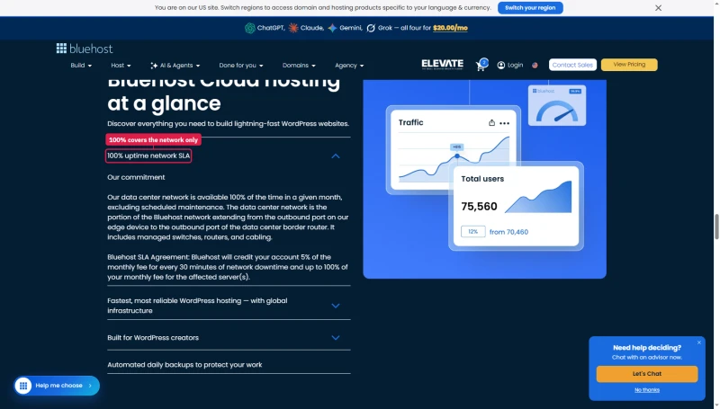 Bluehost Cloud 100% uptime network SLA: data center network only, excludes scheduled maintenance, 5% credit per 30 minutes